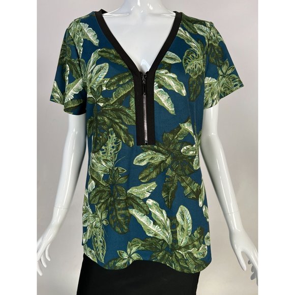 Love Scarlett Zip Front Leaf Pattern Top Size Large Blue, Green Polyester Blend - Picture 1 of 16